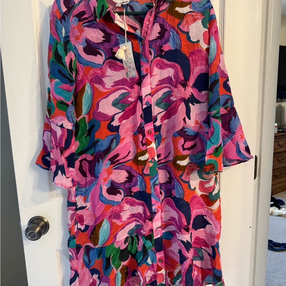 NWT JOHNNY WAS SMALL SLIP DRESS Vibrant Floral Button-Front Dress - Pink Multi